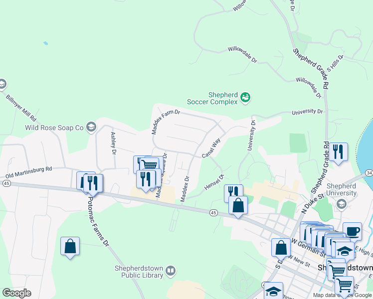 map of restaurants, bars, coffee shops, grocery stores, and more near 72 Maddex Farm Drive in Shepherdstown