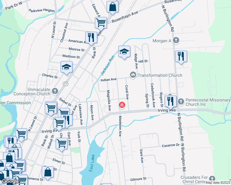 map of restaurants, bars, coffee shops, grocery stores, and more near 474 Manheim Avenue in Bridgeton