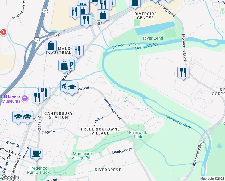 map of restaurants, bars, coffee shops, grocery stores, and more near 942 Turning Point Court in Frederick