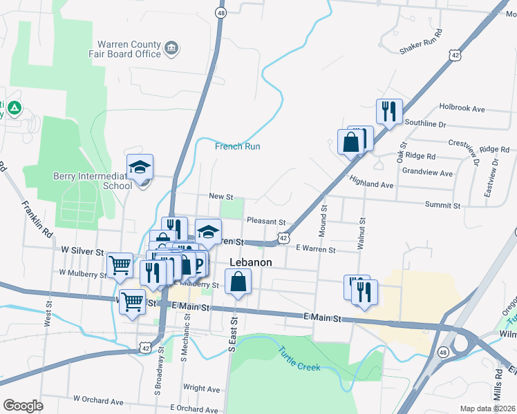 map of restaurants, bars, coffee shops, grocery stores, and more near 2 North Lane in Lebanon