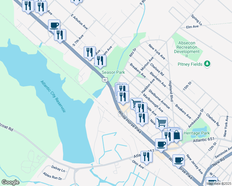 map of restaurants, bars, coffee shops, grocery stores, and more near 800 White Horse Pike in Egg Harbor City