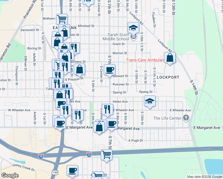 map of restaurants, bars, coffee shops, grocery stores, and more near 2616 South 7th Street in Terre Haute