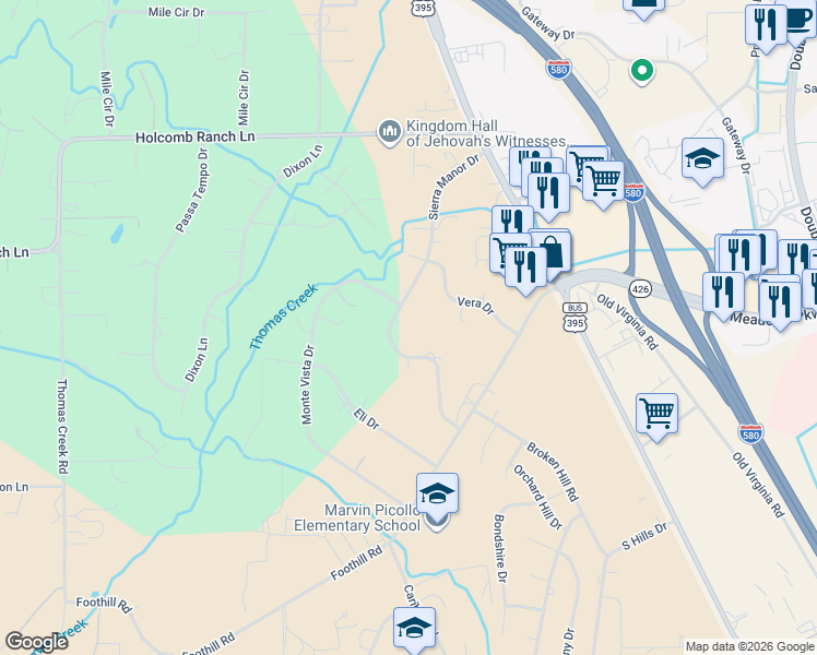 map of restaurants, bars, coffee shops, grocery stores, and more near 500 Sierra Manor Drive in Reno