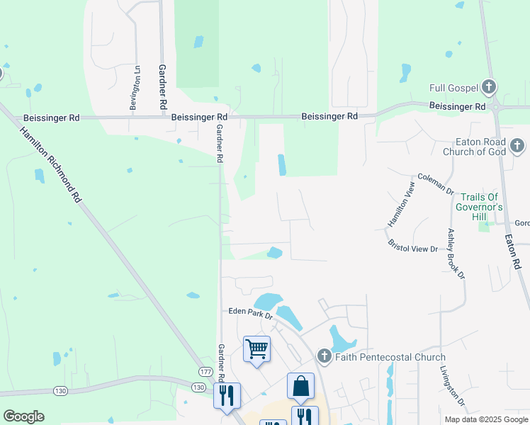 map of restaurants, bars, coffee shops, grocery stores, and more near 1044 Golden Oak Drive in Hamilton