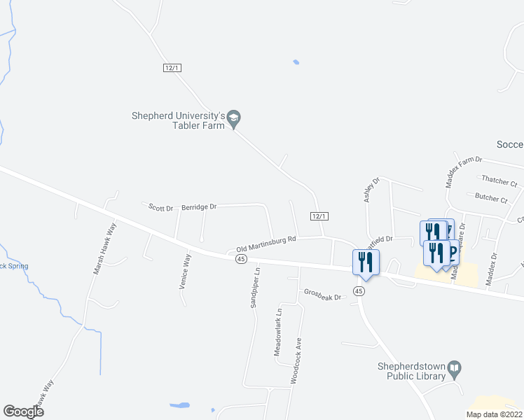 map of restaurants, bars, coffee shops, grocery stores, and more near 400 Berridge Drive in Shepherdstown