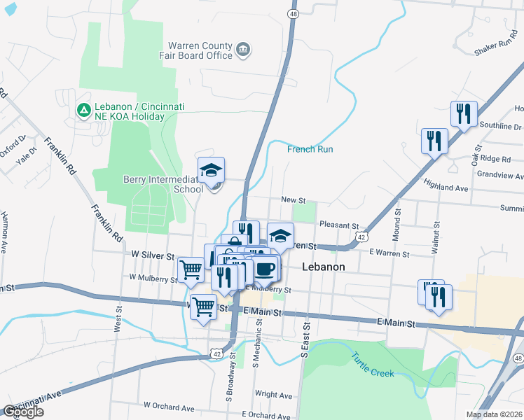 map of restaurants, bars, coffee shops, grocery stores, and more near 313 North Mechanic Street in Lebanon