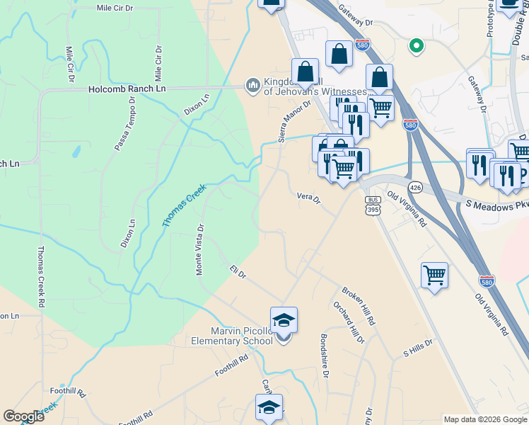 map of restaurants, bars, coffee shops, grocery stores, and more near 500 Sierra Manor Drive in Reno