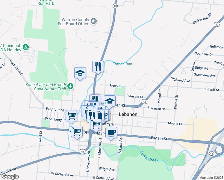 map of restaurants, bars, coffee shops, grocery stores, and more near 315 North Cherry Street in Lebanon