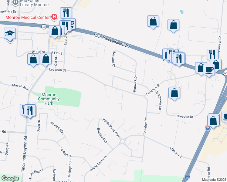 map of restaurants, bars, coffee shops, grocery stores, and more near 509 Lebanon Street in Monroe
