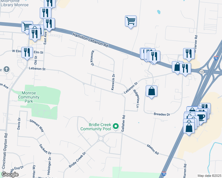 map of restaurants, bars, coffee shops, grocery stores, and more near 588 Lebanon Street in Monroe