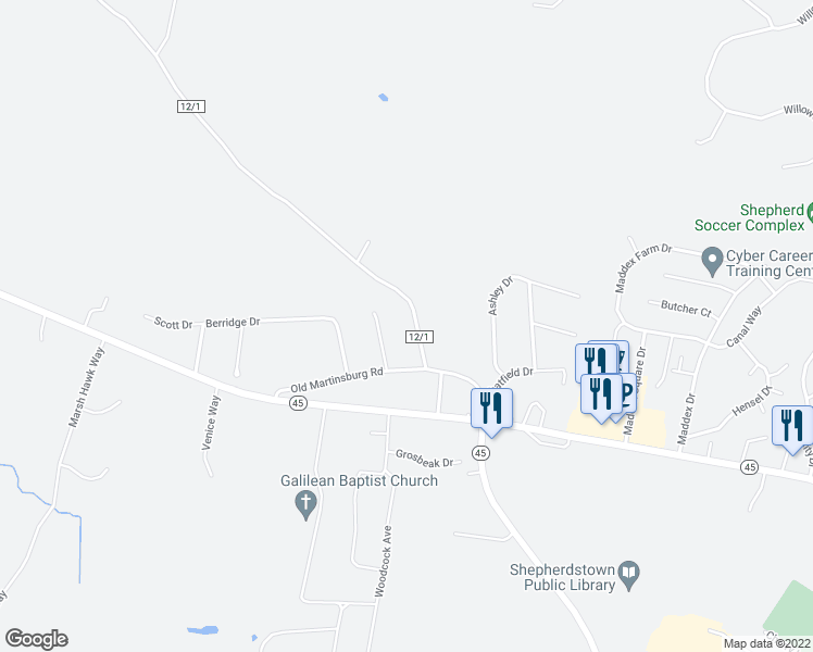 map of restaurants, bars, coffee shops, grocery stores, and more near 95 County Route 12/1 in Shepherdstown