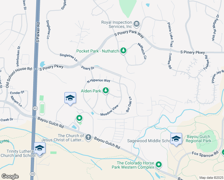 map of restaurants, bars, coffee shops, grocery stores, and more near 5218 Bur Oak Lane in Parker