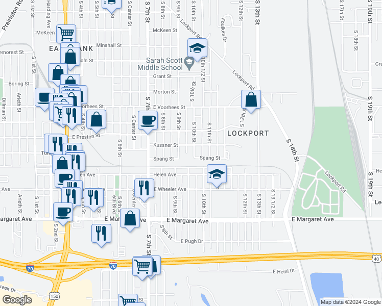 map of restaurants, bars, coffee shops, grocery stores, and more near 2607 South 10th Street in Terre Haute
