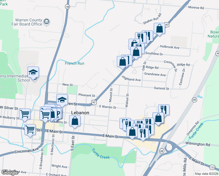 map of restaurants, bars, coffee shops, grocery stores, and more near 318 Mound Street in Lebanon