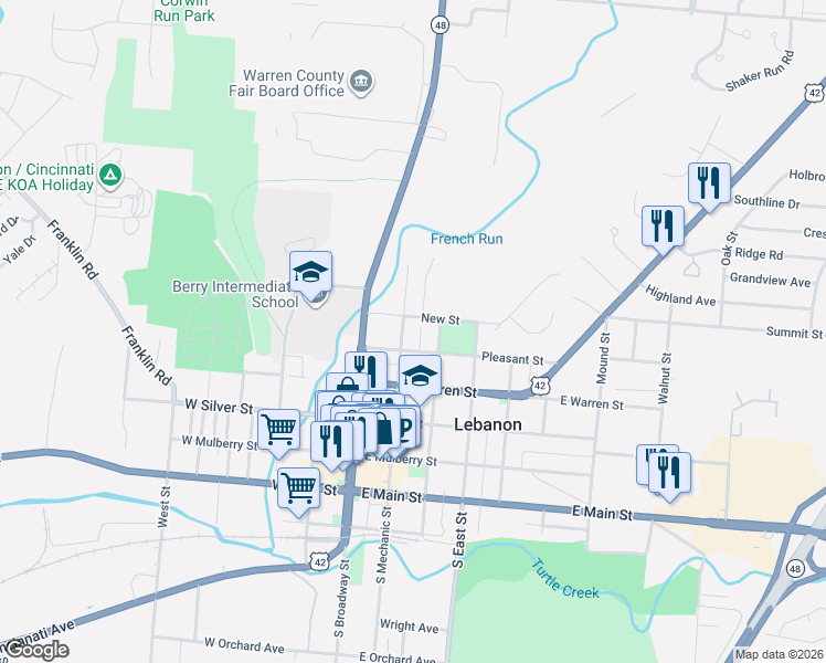 map of restaurants, bars, coffee shops, grocery stores, and more near 315 North Cherry Street in Lebanon