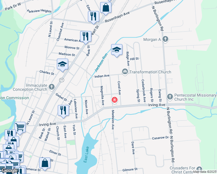 map of restaurants, bars, coffee shops, grocery stores, and more near 474 Manheim Avenue in Bridgeton