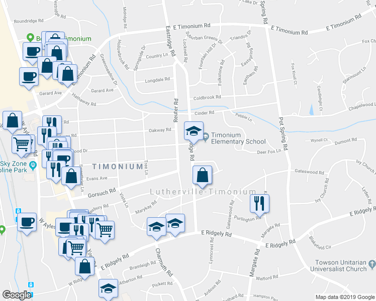 map of restaurants, bars, coffee shops, grocery stores, and more near 1922 Eastridge Road in Lutherville-Timonium
