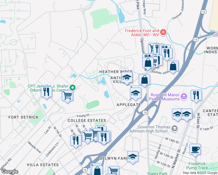 map of restaurants, bars, coffee shops, grocery stores, and more near 442 Heather Ridge Drive in Frederick
