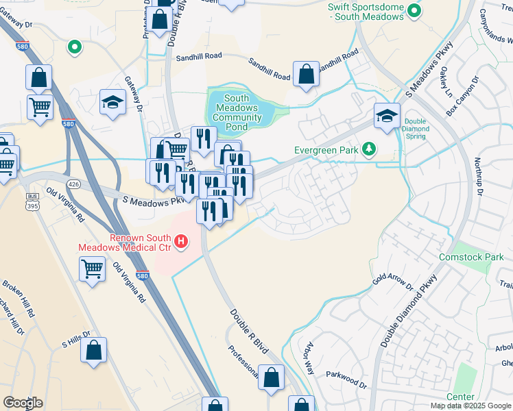 map of restaurants, bars, coffee shops, grocery stores, and more near 900 South Meadows Parkway in Reno