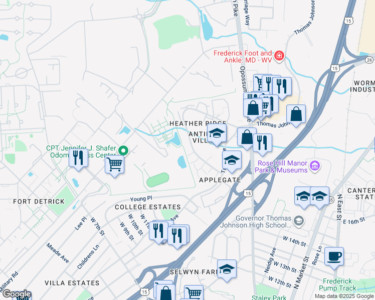 map of restaurants, bars, coffee shops, grocery stores, and more near 440 Heather Ridge Drive in Frederick