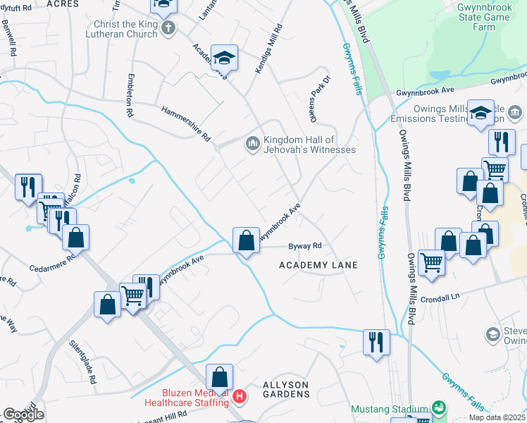 map of restaurants, bars, coffee shops, grocery stores, and more near 6 Bee Jay Court in Owings Mills