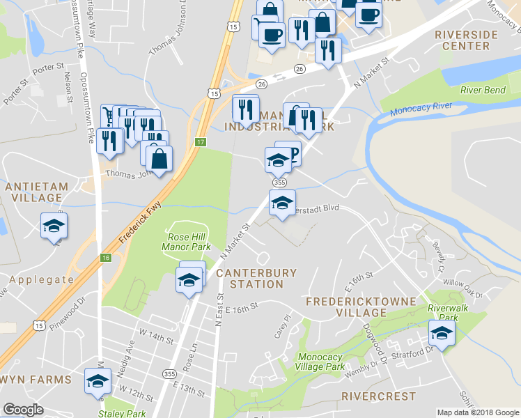 map of restaurants, bars, coffee shops, grocery stores, and more near 1730 North Market Street in Frederick