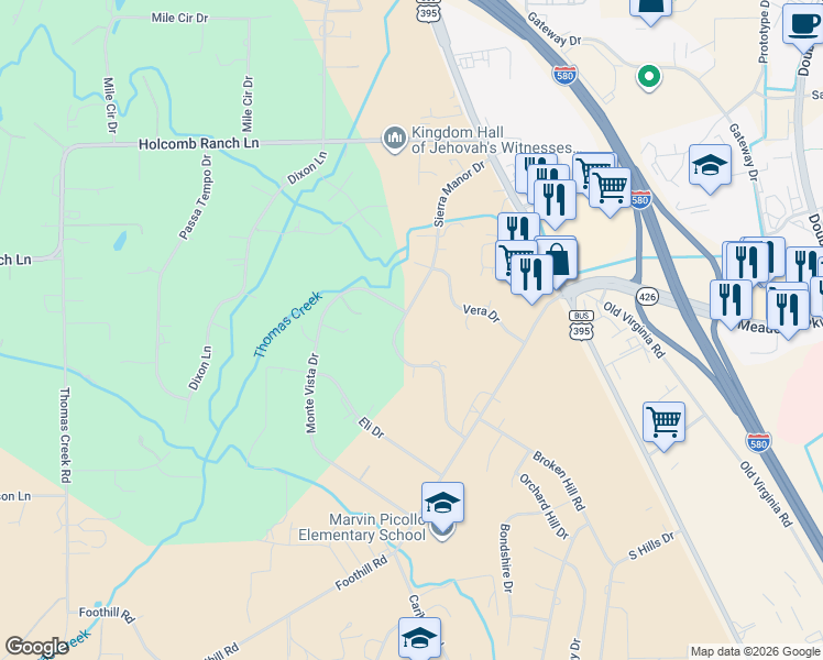 map of restaurants, bars, coffee shops, grocery stores, and more near 500 Sierra Manor Drive in Reno