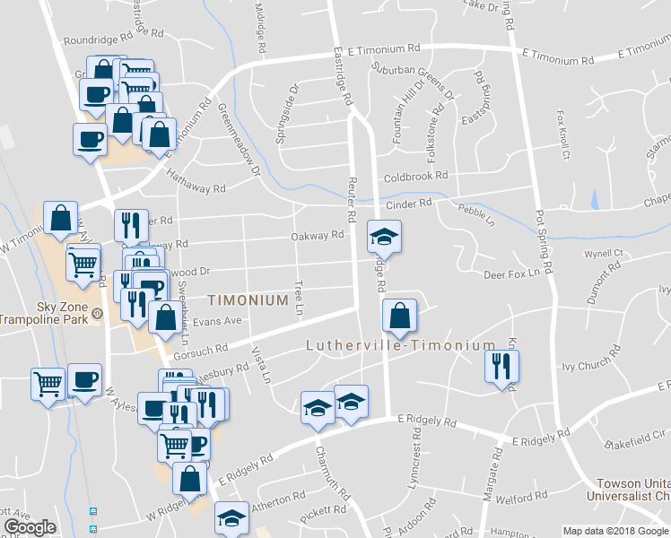 map of restaurants, bars, coffee shops, grocery stores, and more near 119 Northwood Drive in Lutherville-Timonium