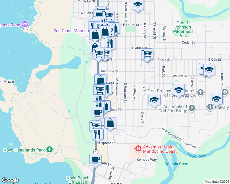 map of restaurants, bars, coffee shops, grocery stores, and more near 397 South McPherson Street in Fort Bragg
