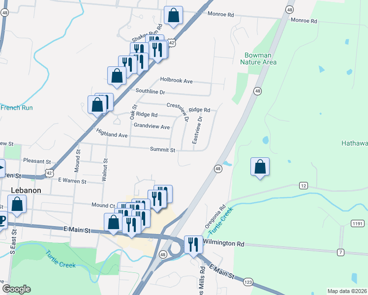 map of restaurants, bars, coffee shops, grocery stores, and more near 308 Summit Street in Lebanon
