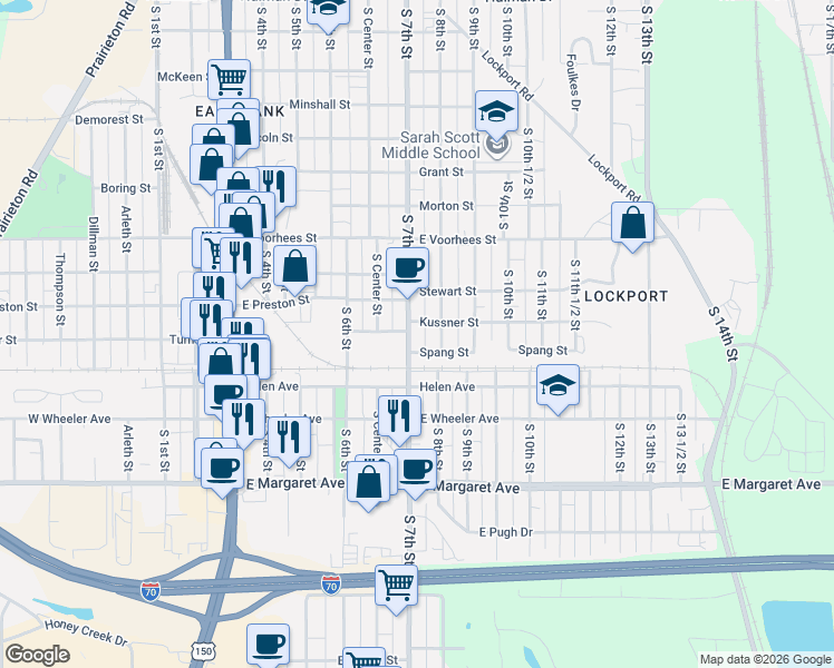 map of restaurants, bars, coffee shops, grocery stores, and more near 2616 South 7th Street in Terre Haute