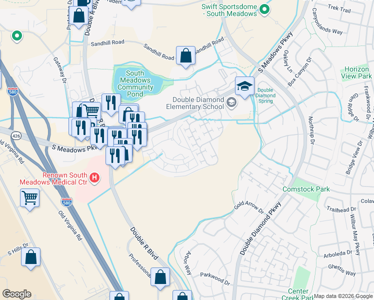 map of restaurants, bars, coffee shops, grocery stores, and more near 900 South Meadows Parkway in Reno