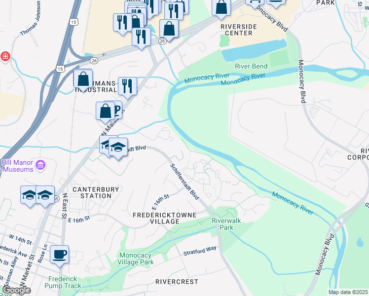 map of restaurants, bars, coffee shops, grocery stores, and more near 948 Turning Point Court in Frederick