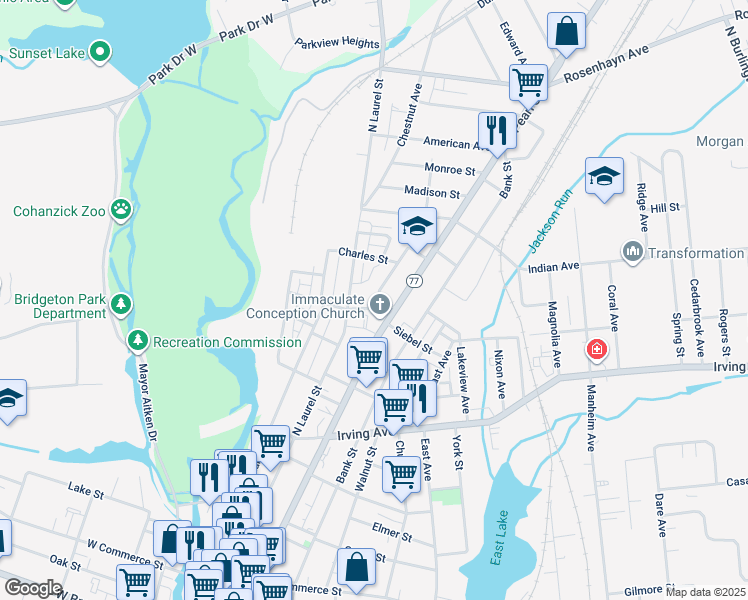 map of restaurants, bars, coffee shops, grocery stores, and more near 71 North Street in Bridgeton