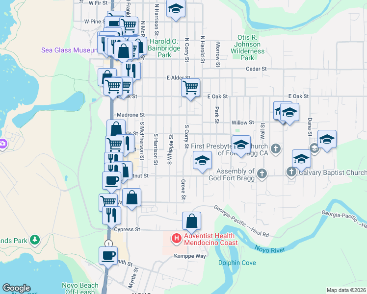 map of restaurants, bars, coffee shops, grocery stores, and more near 375 South Corry Street in Fort Bragg