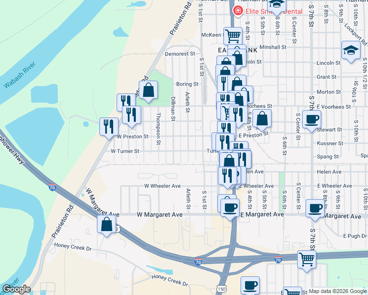 map of restaurants, bars, coffee shops, grocery stores, and more near 2700 Dillman Street in Terre Haute