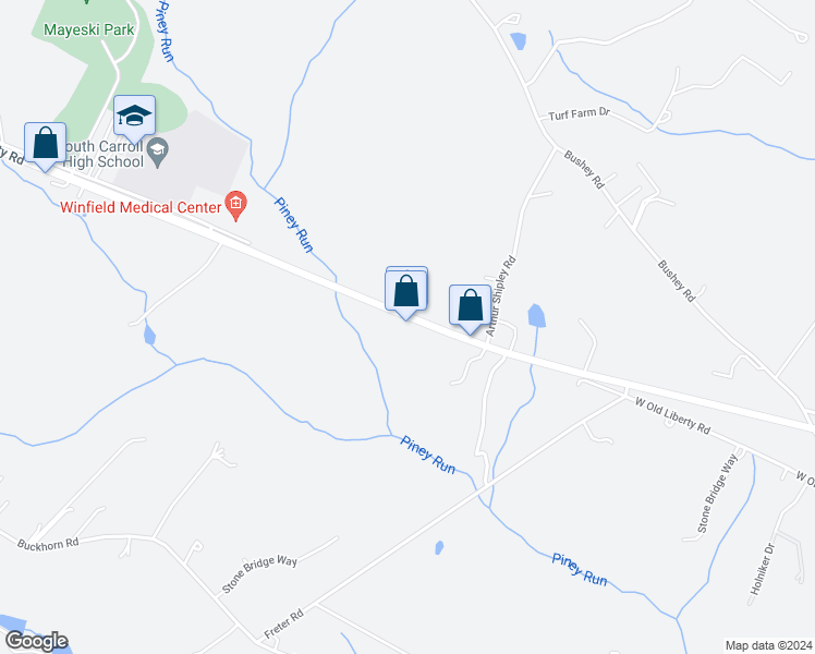 map of restaurants, bars, coffee shops, grocery stores, and more near 1209 West Liberty Road in Sykesville