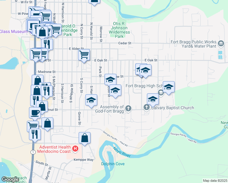 map of restaurants, bars, coffee shops, grocery stores, and more near 324 South Lincoln Street in Fort Bragg