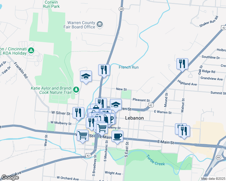 map of restaurants, bars, coffee shops, grocery stores, and more near 315 North Cherry Street in Lebanon