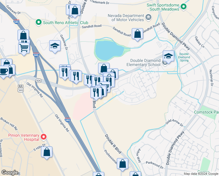 map of restaurants, bars, coffee shops, grocery stores, and more near 770 South Meadows Parkway in Reno