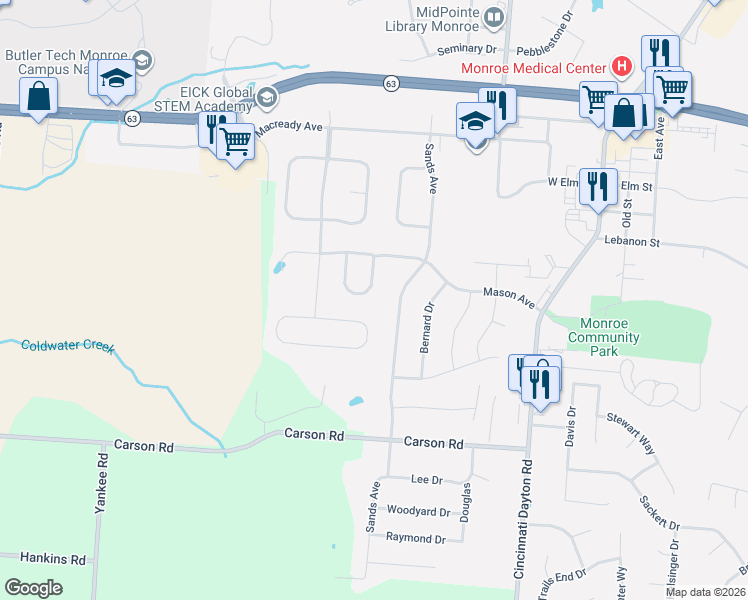 map of restaurants, bars, coffee shops, grocery stores, and more near 824 Hocking Meadow Circle in Monroe