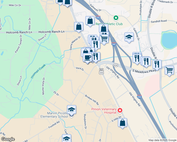 map of restaurants, bars, coffee shops, grocery stores, and more near 95 Foothill Road in Reno