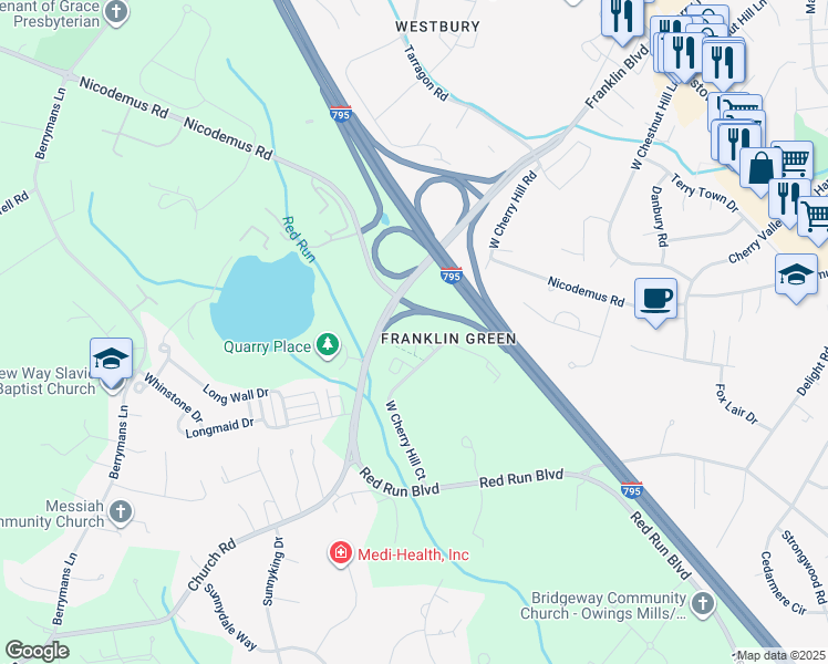 map of restaurants, bars, coffee shops, grocery stores, and more near 322 Marasco Court in Reisterstown