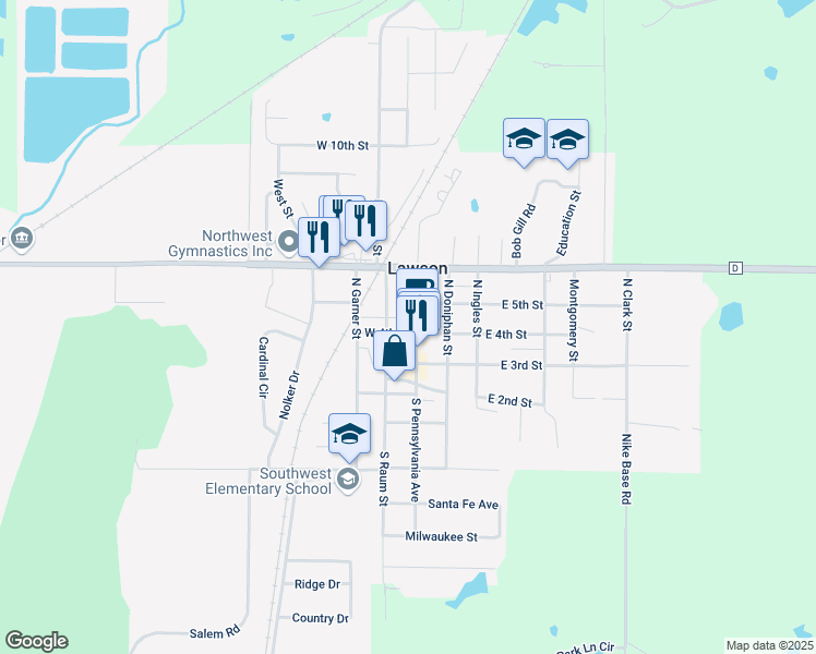 map of restaurants, bars, coffee shops, grocery stores, and more near 401 North Pennsylvania Avenue in Lawson