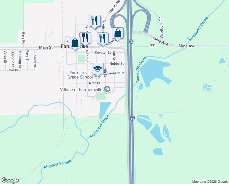 map of restaurants, bars, coffee shops, grocery stores, and more near 511 5th Street in Farmersville