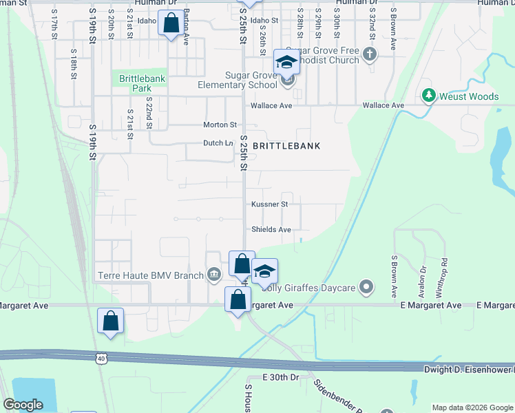 map of restaurants, bars, coffee shops, grocery stores, and more near 2701 26th Street in Terre Haute