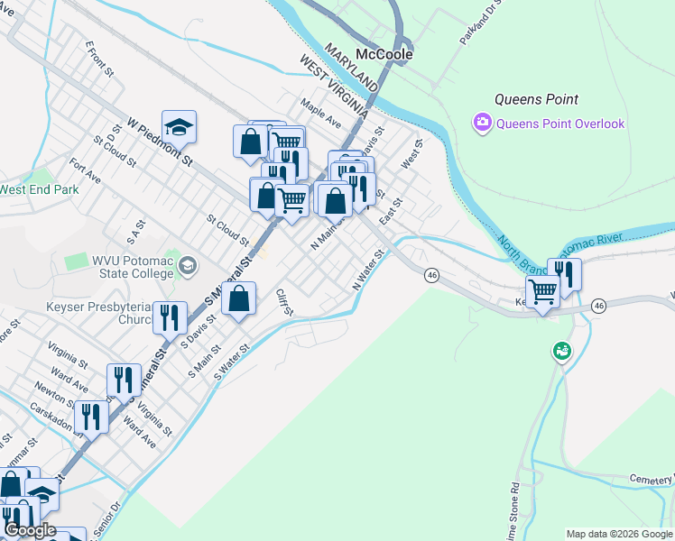 map of restaurants, bars, coffee shops, grocery stores, and more near 164 East Piedmont Street in Keyser