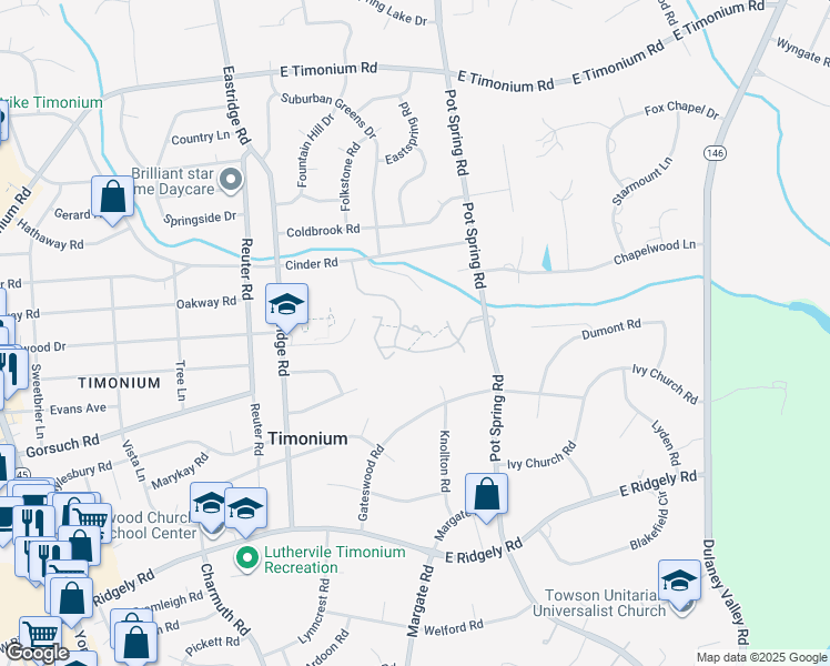 map of restaurants, bars, coffee shops, grocery stores, and more near 15 Stream Run Court in Lutherville-Timonium