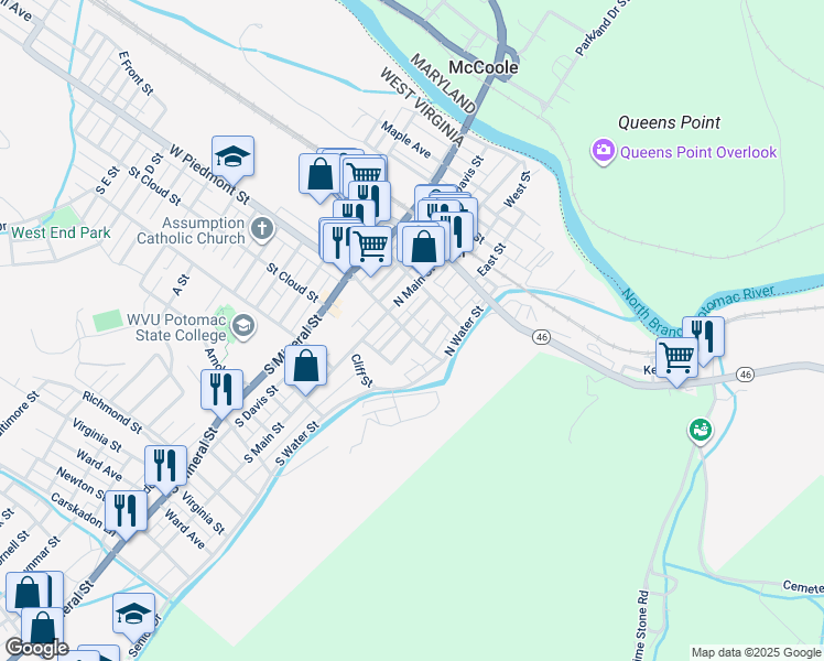 map of restaurants, bars, coffee shops, grocery stores, and more near 164 East Piedmont Street in Keyser