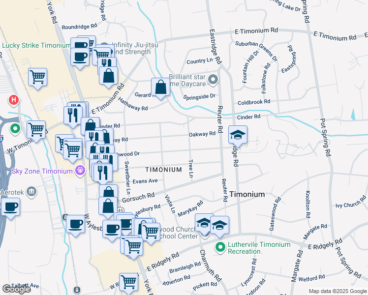 map of restaurants, bars, coffee shops, grocery stores, and more near 74 Northwood Drive in Timonium